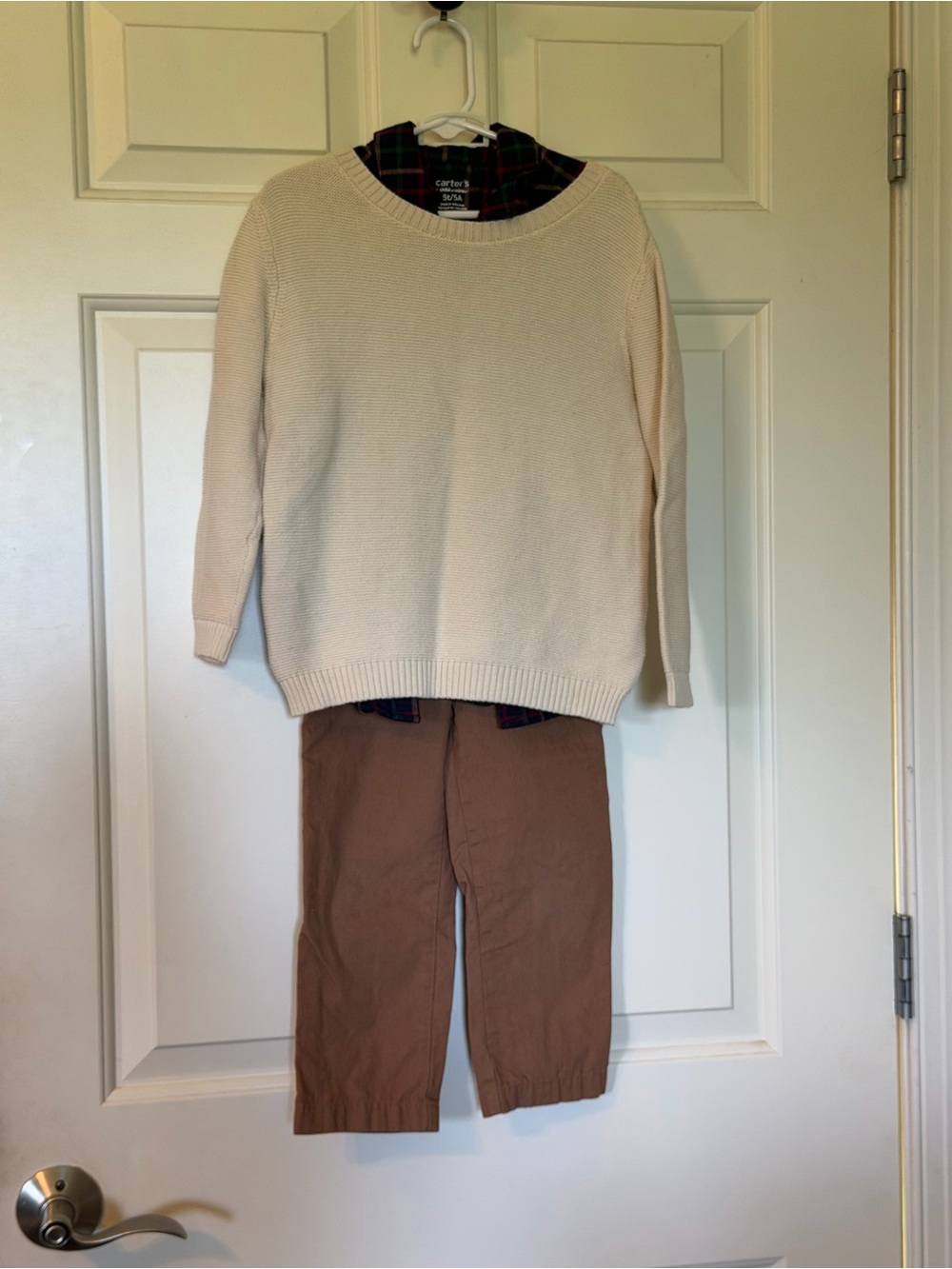 Carter's Cream Knit Crewneck Sweater, red and navy plaid shirt and pants set